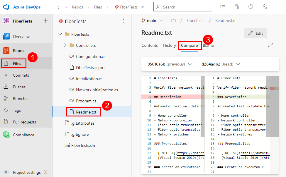 Screenshot of the File Compare view on the Azure DevOps project page.