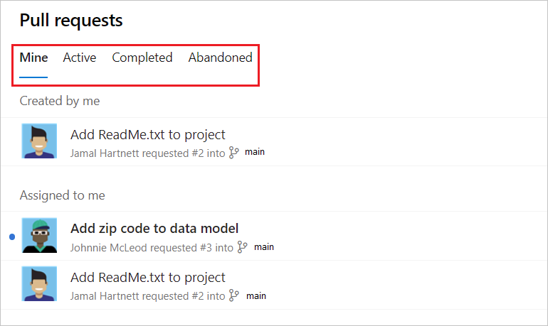 Screenshot of the view tabs for PRs in Azure Repos.