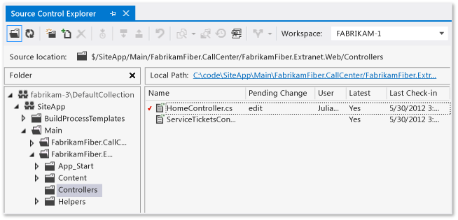 Screenshot of Source Control Explorer in Visual Studio. A local path and several folders and branches are visible.