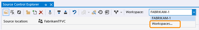 Screenshot of Source Control Explorer in Visual Studio. In the Workspace list, a workspace is visible and Workspaces is highlighted.