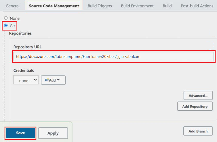 Screenshot showing Source code management settings in Jenkins with Git selected.