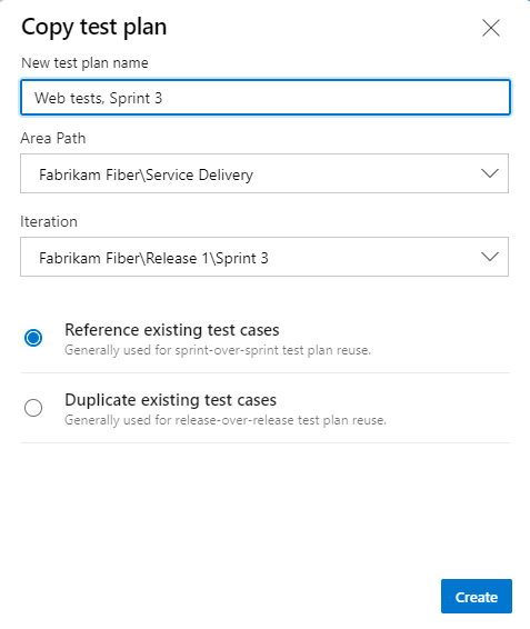 Screenshot showing Copy test plan dialog.