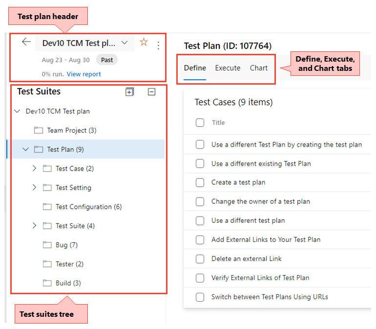 Test plans page, navigation elements.