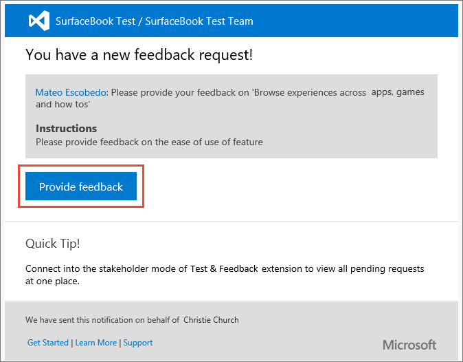 Screenshot shows choosing the Provide feedback link in the request email.