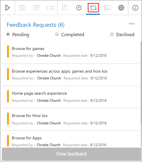 Screenshot shows viewing the list of feedback requests.