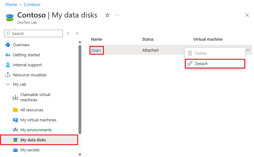 Screenshot of detaching a data disk from the listing's context menu.