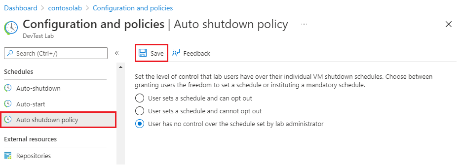 Screenshot showing setting auto shutdown policy options.