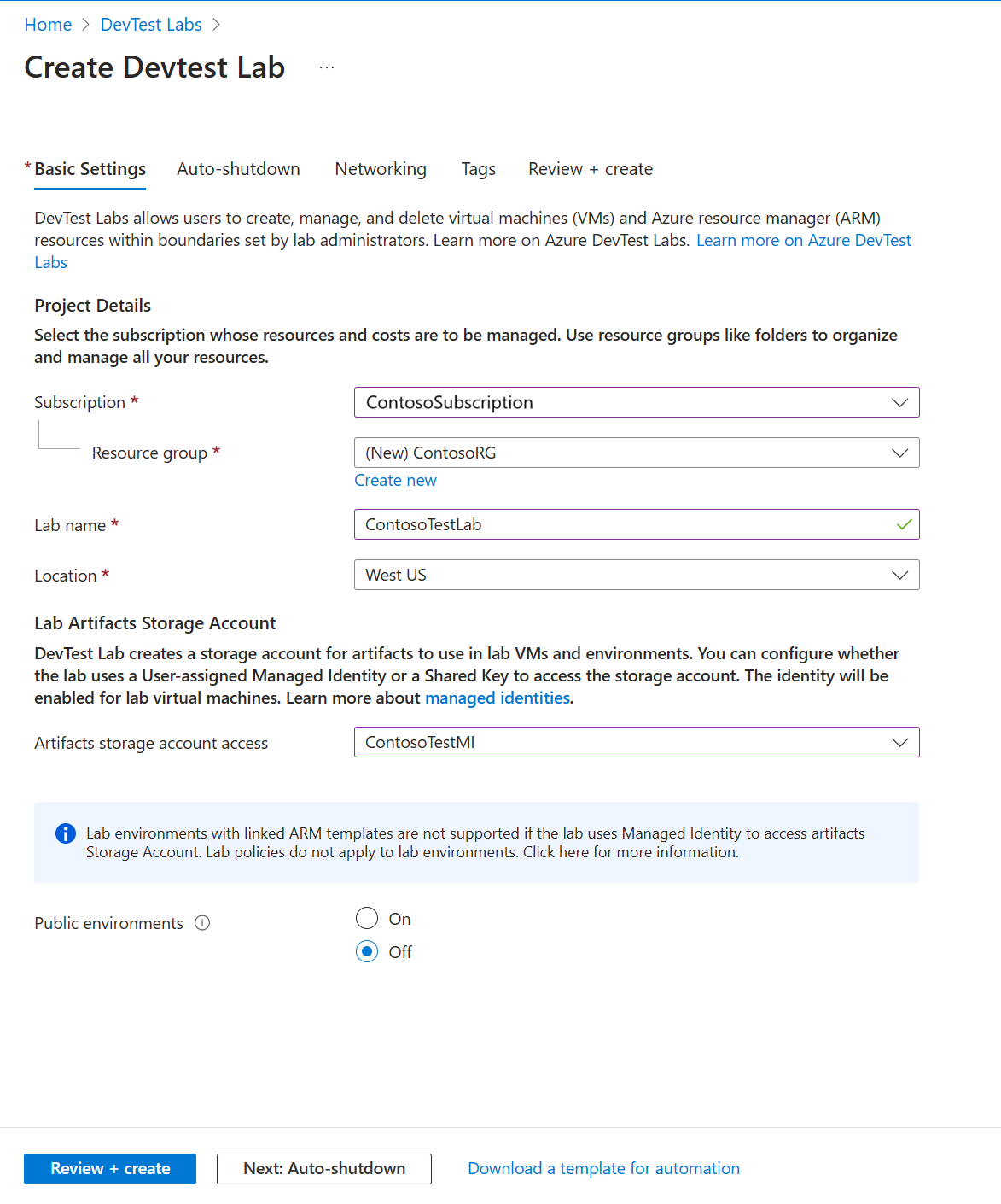 Screenshot of the Basic Settings tab in the DevTest Labs creation form.