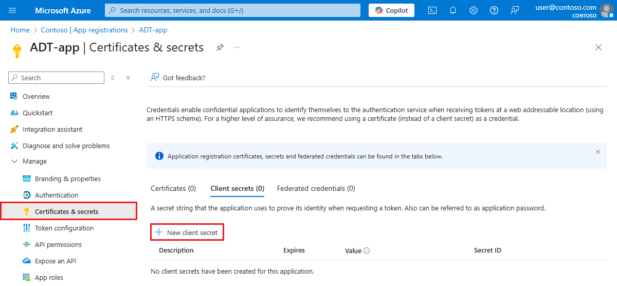 Screenshot of the Azure portal showing a Microsoft Entra app registration and a highlight around 'New client secret'.