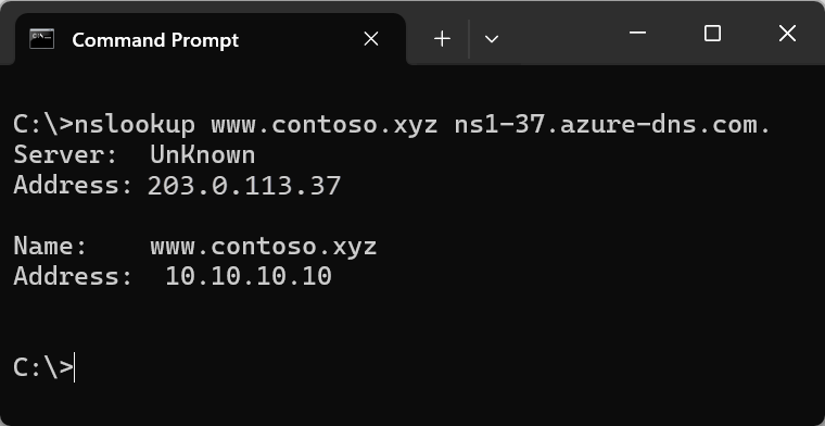 A screenshot of a command prompt window with an nslookup command and values for Server, Address, Name, and Address.