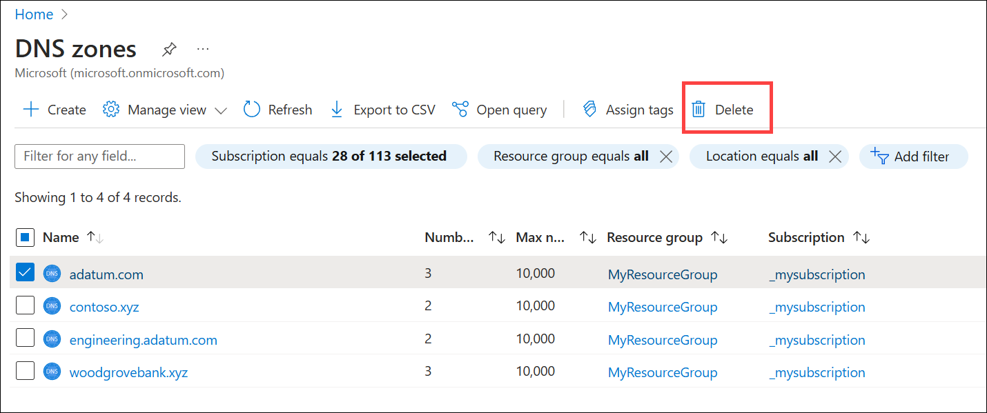 A screenshot of how to delete a DNS zone.