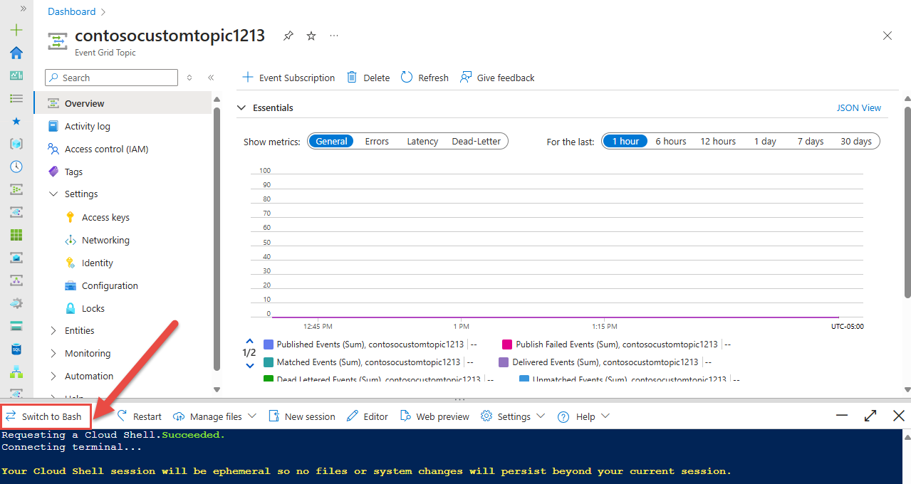 Screenshot that shows the Bash window in Azure Cloud Shell.