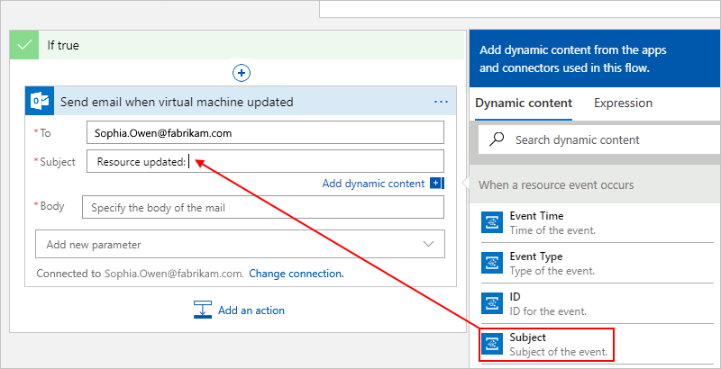 Screenshot that shows the workflow designer with dynamic content being added to email subject line for a true condition.