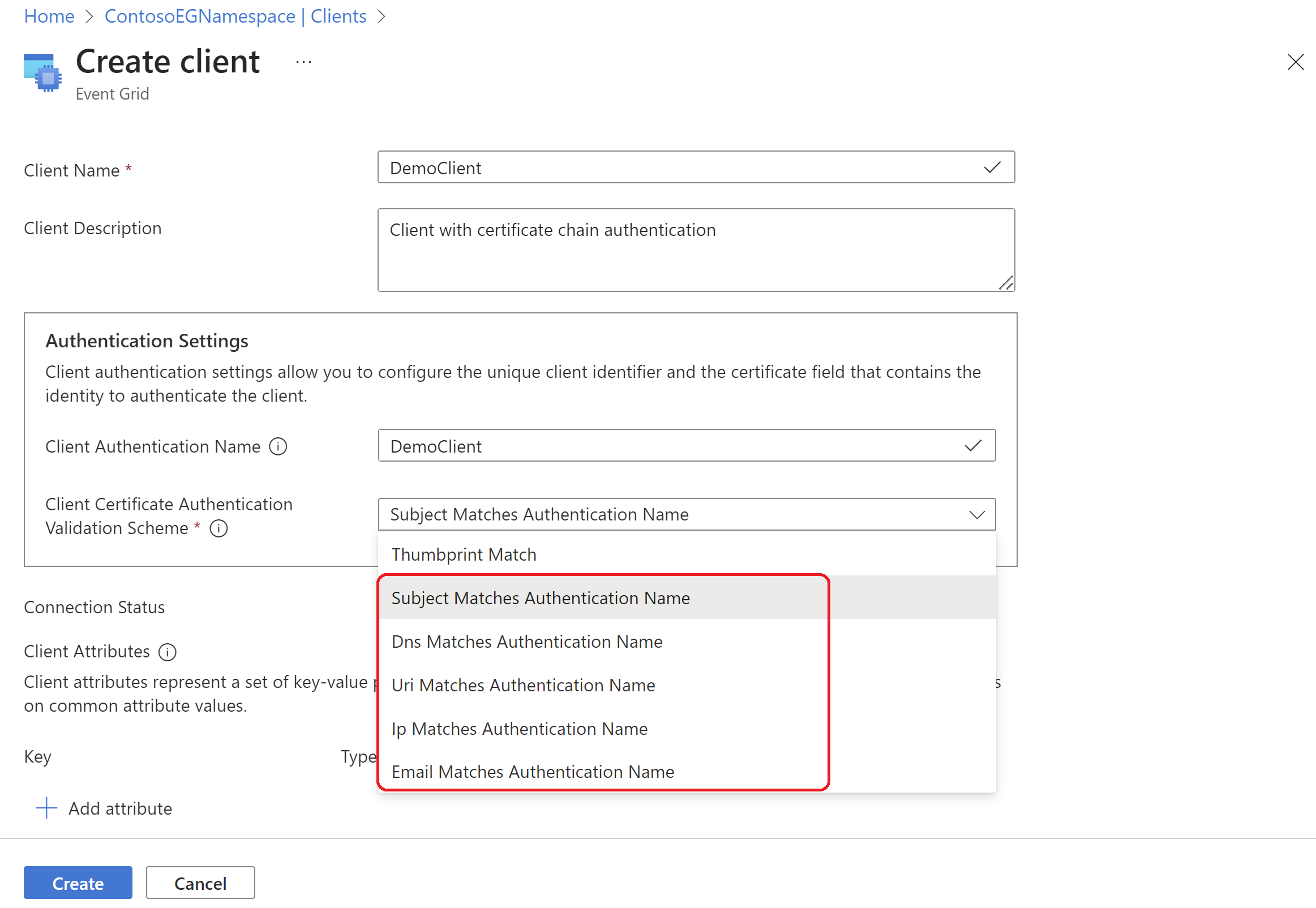 Screenshot showing the client metadata with the five certificate chain based validation schemes.