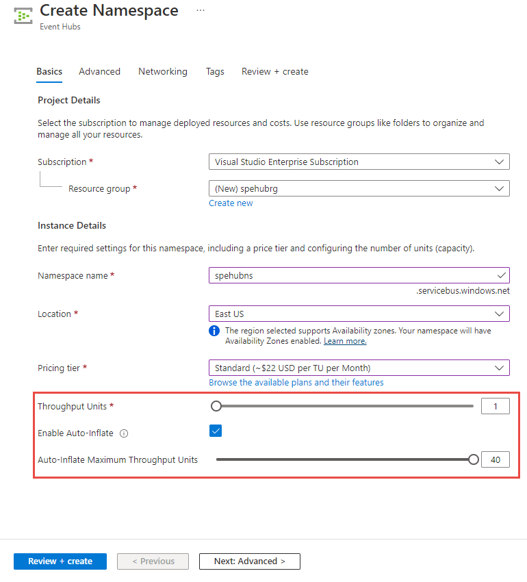 Screenshot of enabling auto inflate at the time event hub creation for a standard tier namespace.