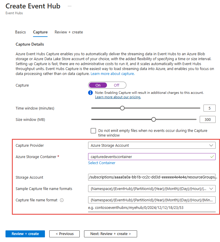 Screenshot of the Capture tab of the Create event hub page with Azure Storage settings.