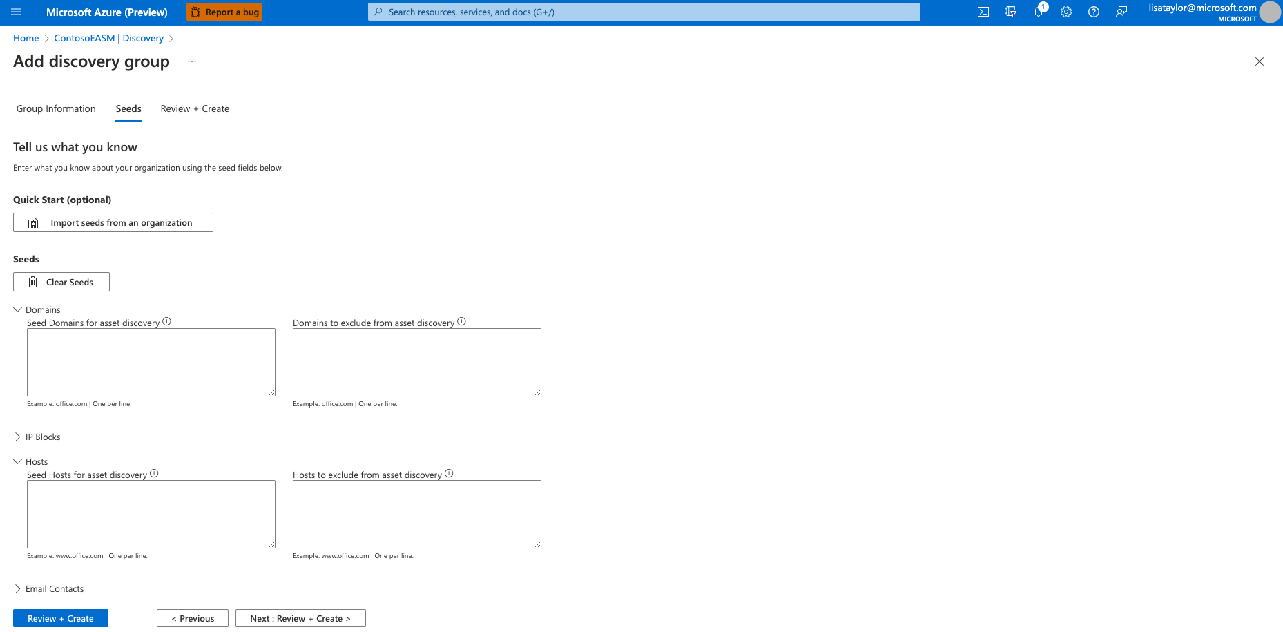 Screenshot that shows the seed selection page of the discovery group setup.