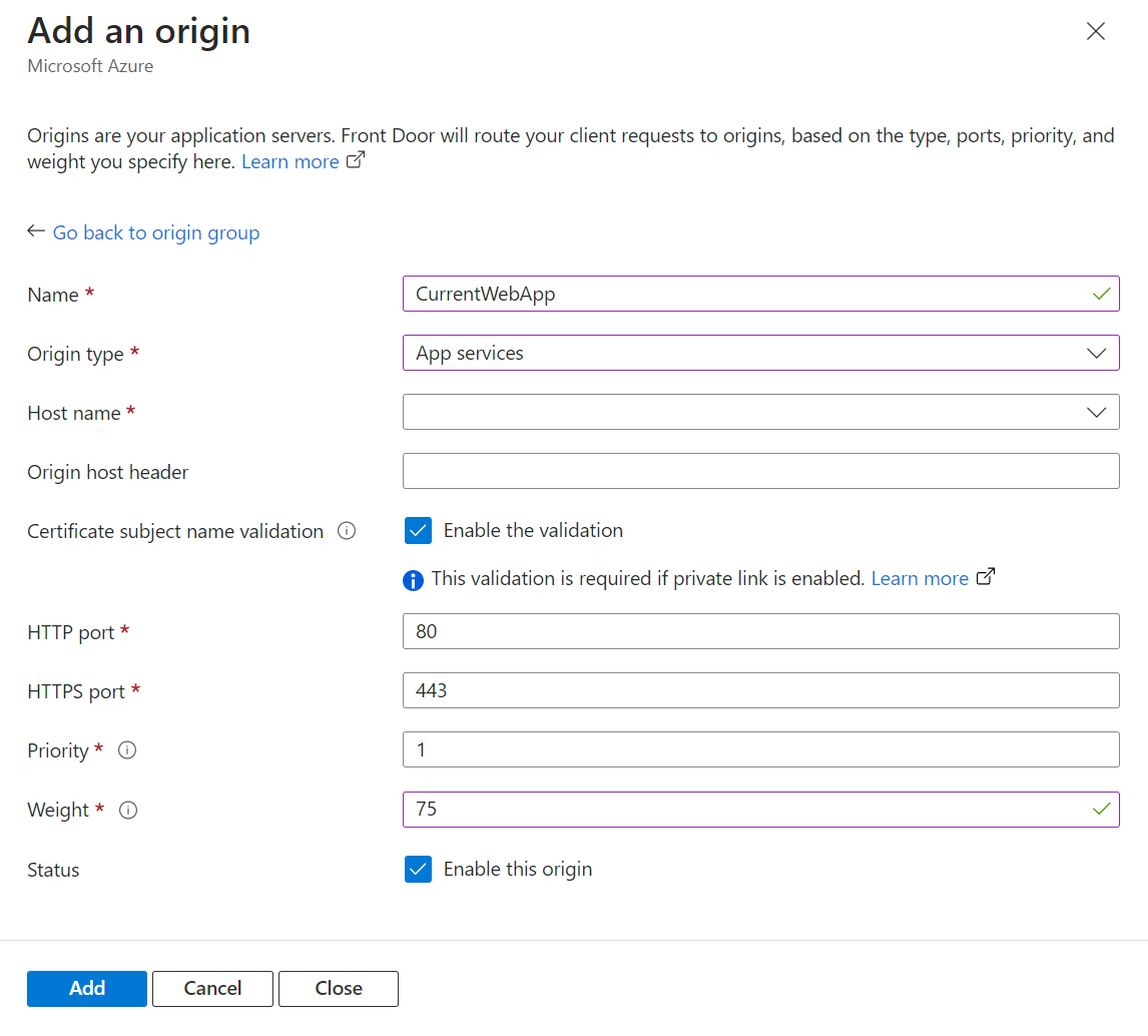 Screenshot of adding the first origin in an origin group for a new Azure Front Door profile.