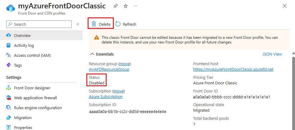 Screenshot of the overview page of an Azure Front Door (classic) in disabled state.