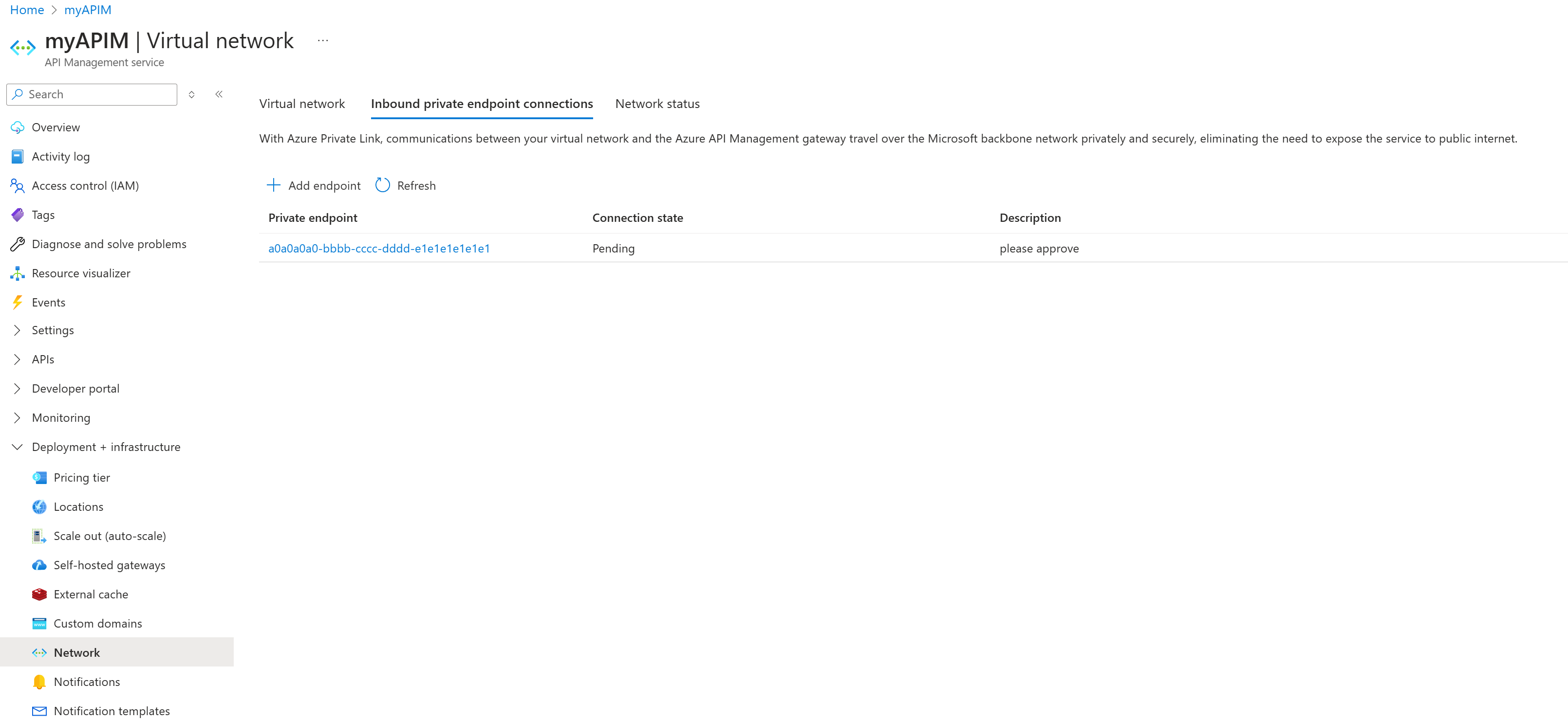 Screenshot of private endpoint connections tab in API Management portal.