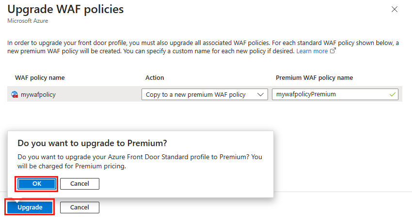 Screenshot of the confirmation message on the upgrade WAF policies page.