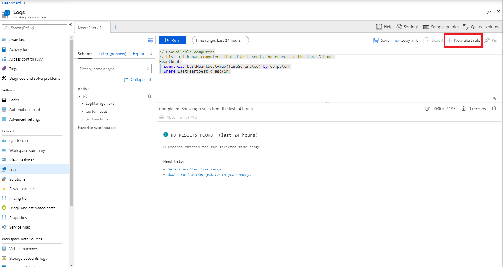 Log Analytics workspace new alert rule.