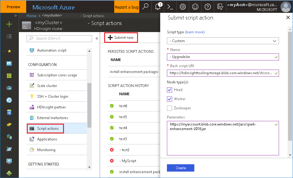 Azure portal submit script action.