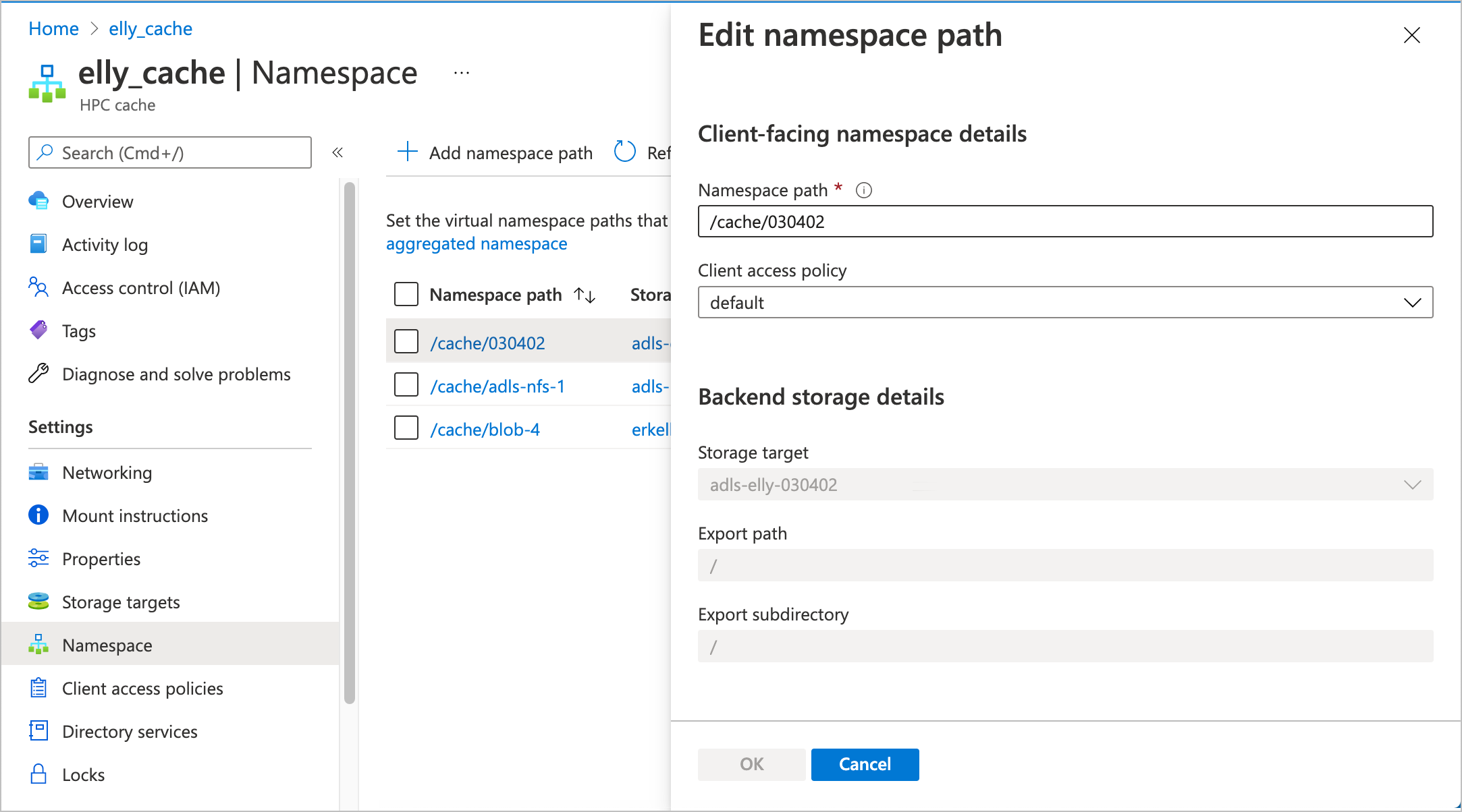 screenshot of the portal namespace page with an ADS-NFS update page open at the right