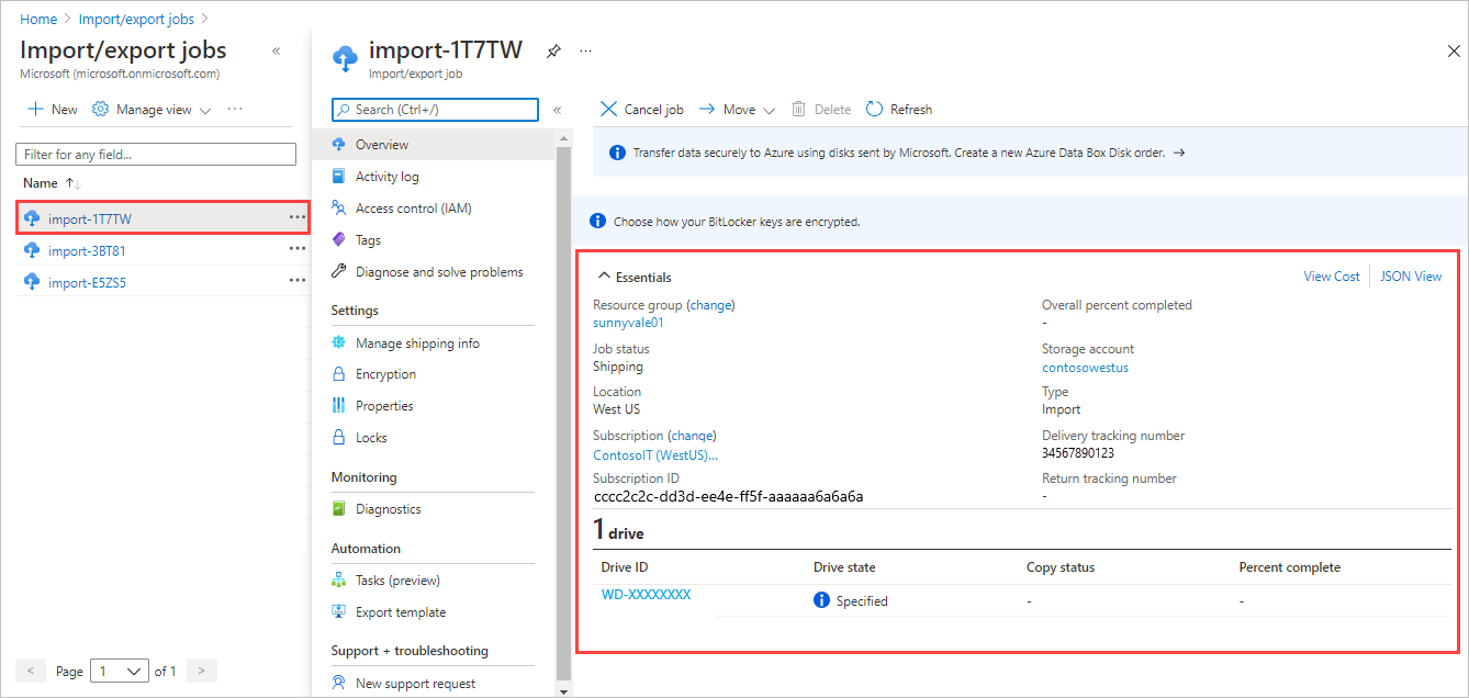 Screenshot of the Overview for an Azure Import Export job in the Azure portal. The selected job and the job details are highlighted.