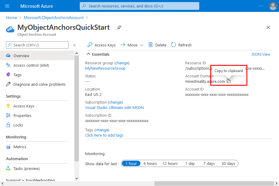 Copy the account domain for your Object Anchors resource