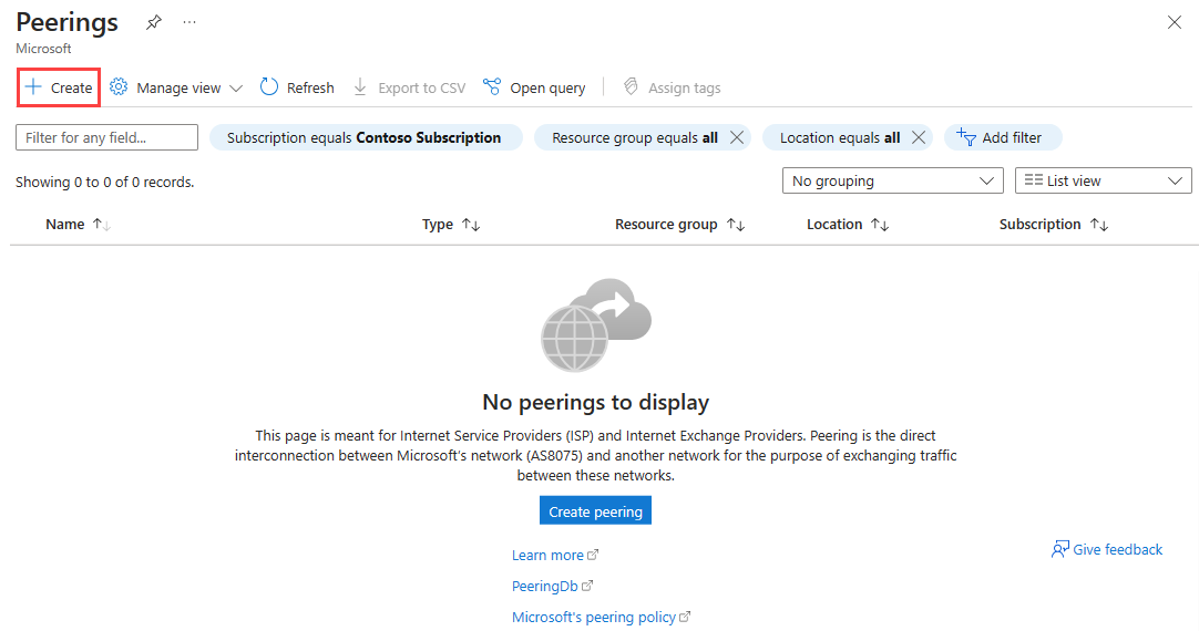 Screenshot that shows how to create a Peering resource in the Azure portal.