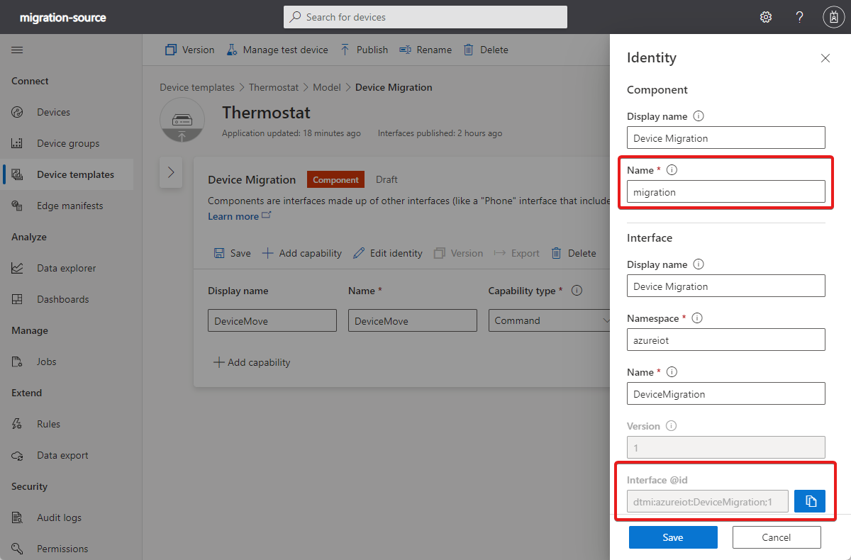 Screenshot that highlights the component name and interface ID.