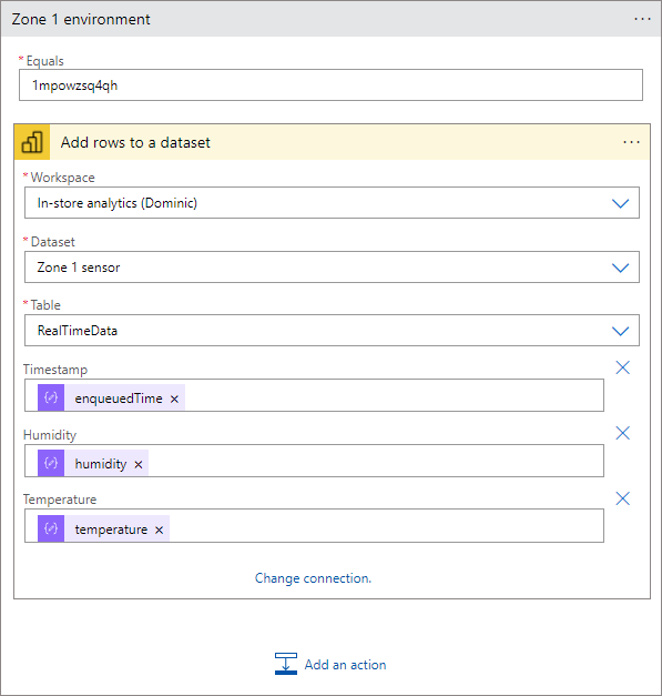 Screenshot that shows the zone one environment action in the Logic Apps Designer.