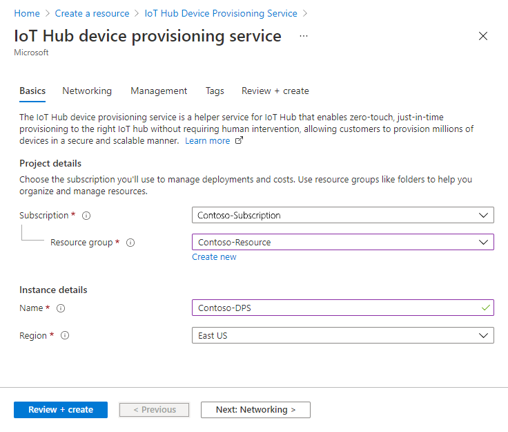 Screenshot showing the Basics tab of the IoT Hub device provisioning service. Enter basic information about your Device Provisioning Service instance in the portal.