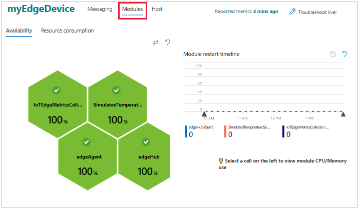 Select the modules view to see the status of each module deployed to the device.