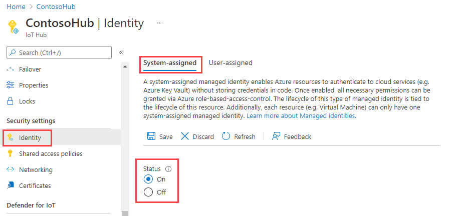 Screenshot showing where to turn on system-assigned managed identity for an IoT hub.