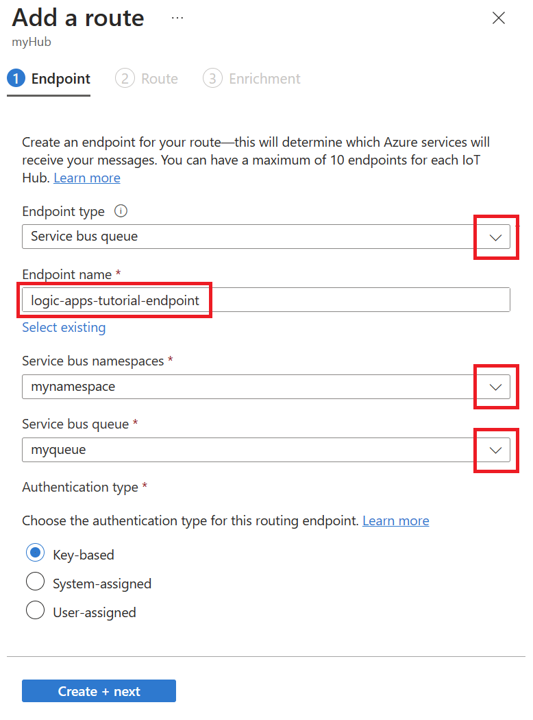 Screenshot that shows how to create a service bus queue endpoint for your route.