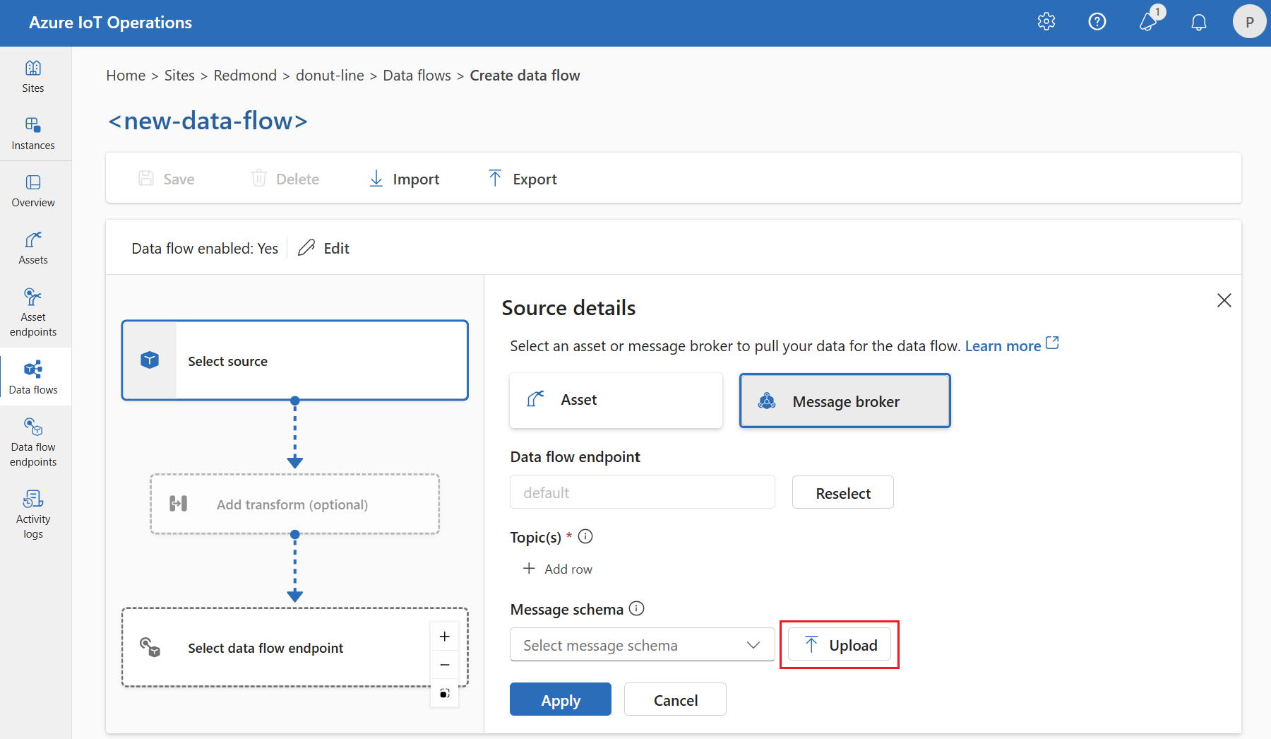 Screenshot that shows uploading a message schema in the operations experience portal.