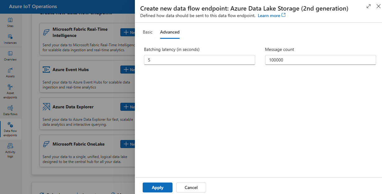 Screenshot using operations experience to set ADLS V2 advanced settings.