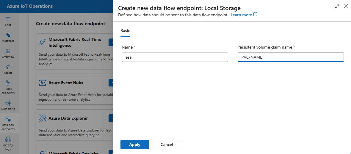 Screenshot using operations experience to create a Local Storage dataflow endpoint.