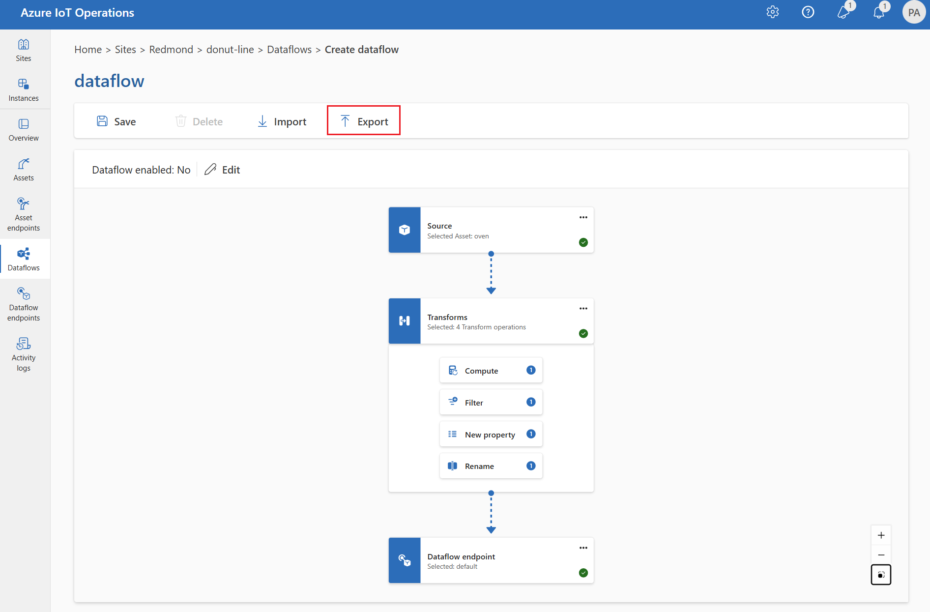 Screenshot using operations experience to export a dataflow.