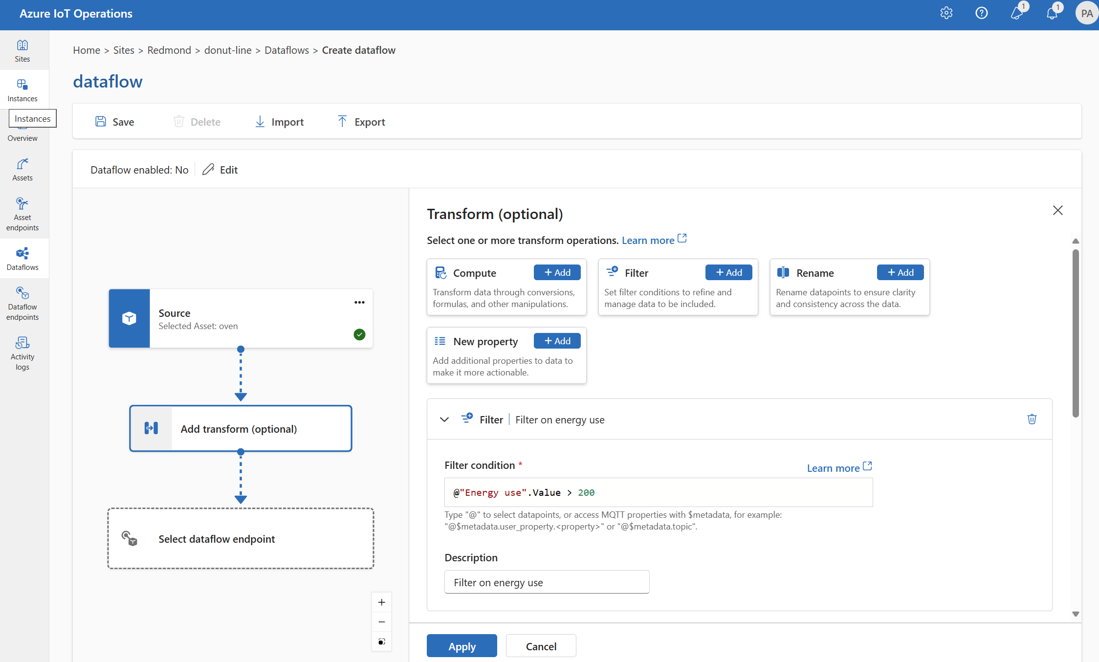 Screenshot using operations experience to add a filter transform.