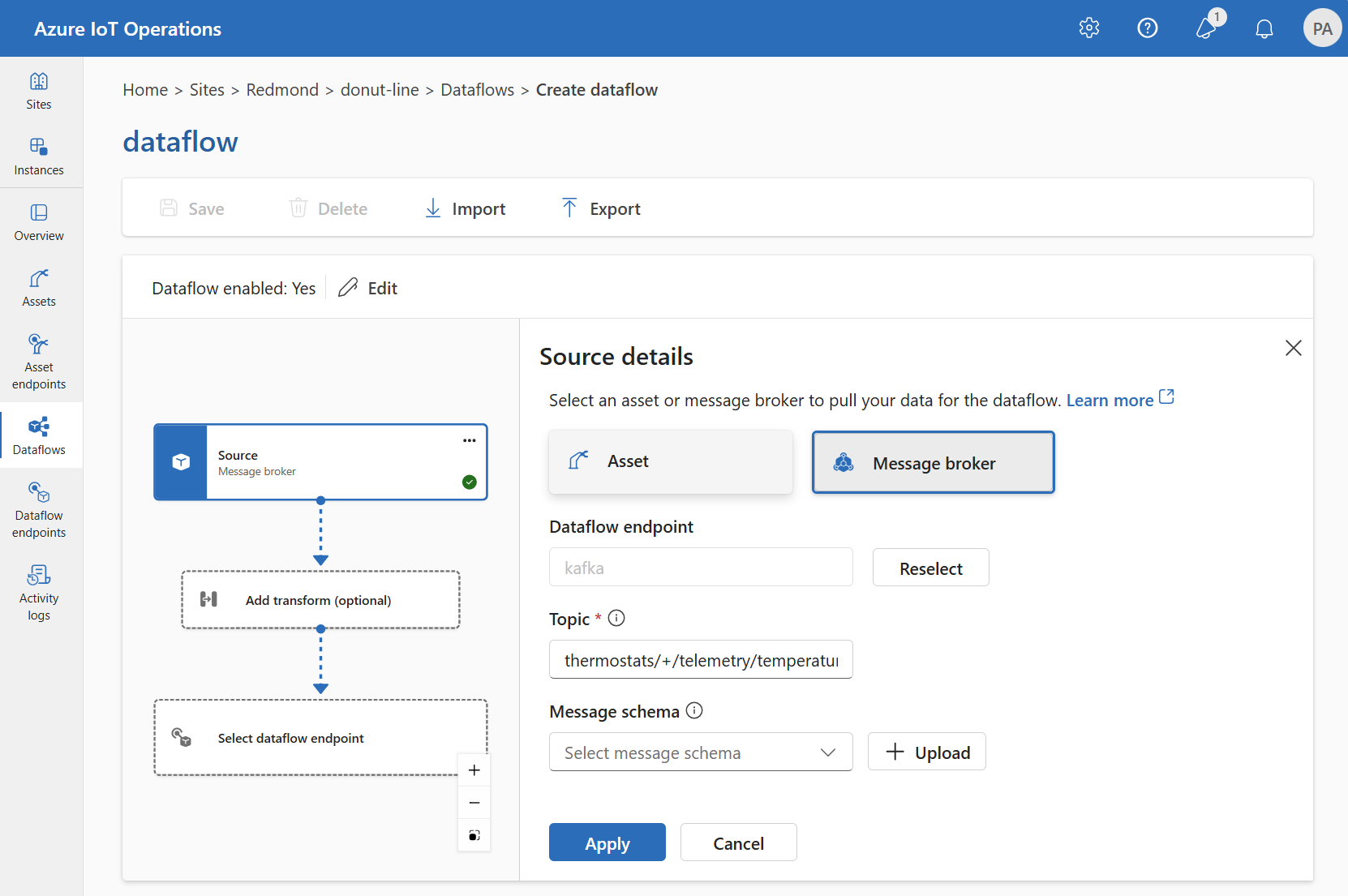 Screenshot using operations experience to select a custom message broker as the source endpoint.