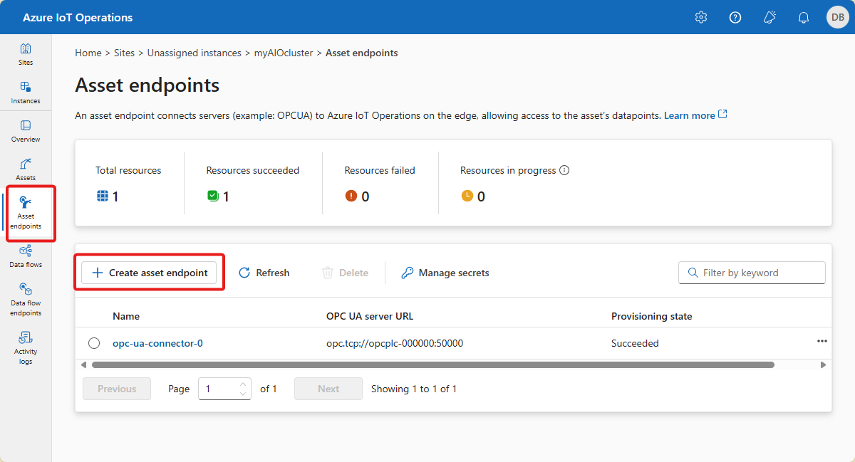 Screenshot that shows the list of asset endpoints.