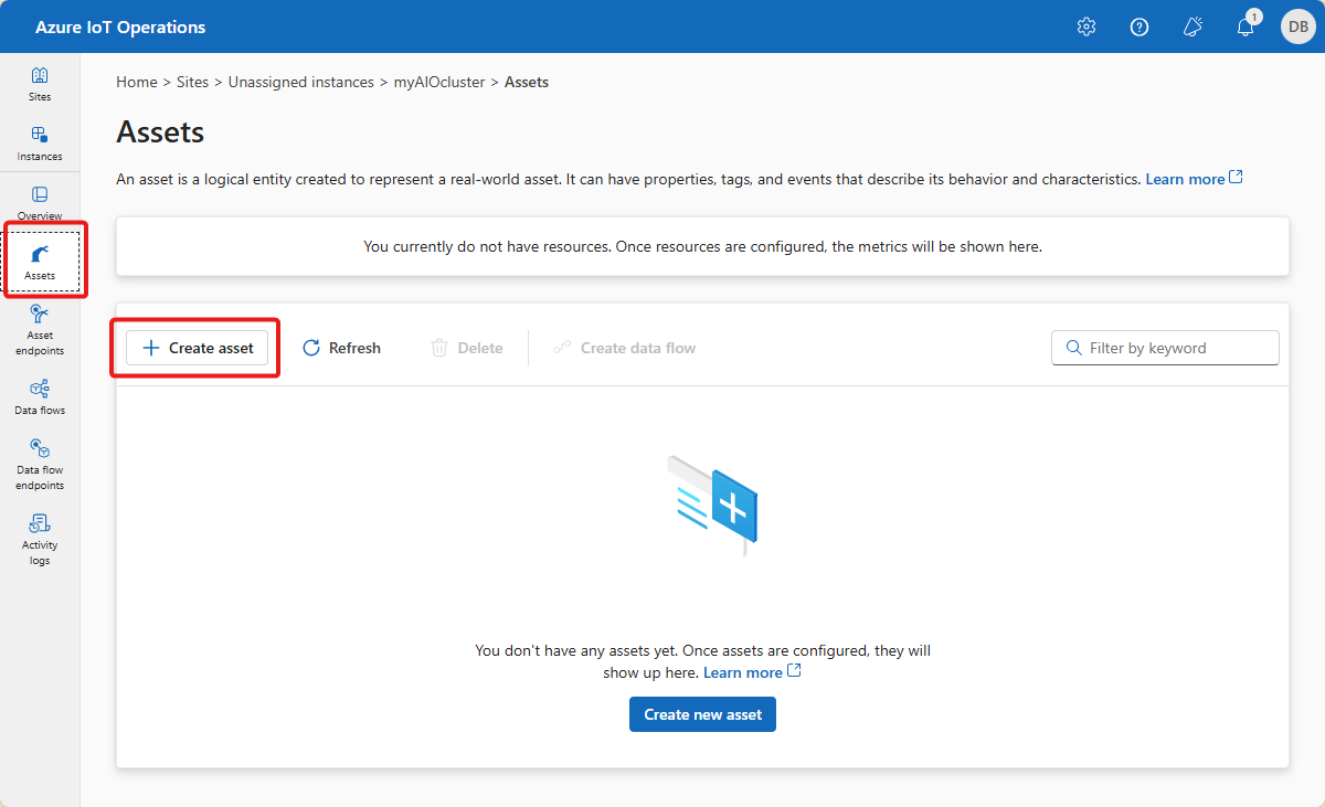 Screenshot that shows an empty Assets tab in the operations experience.