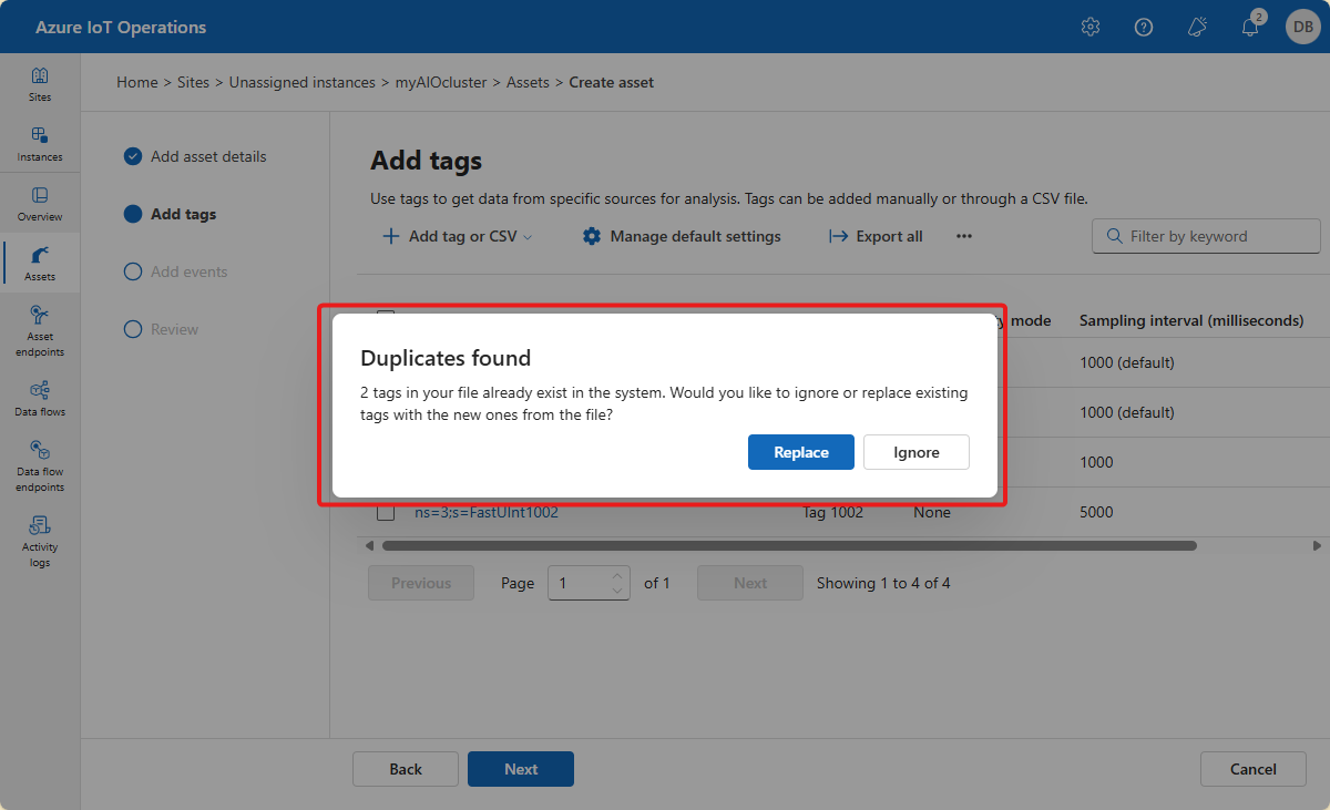 A screenshot that shows the error message when you import duplicate tag definitions in the operations experience.