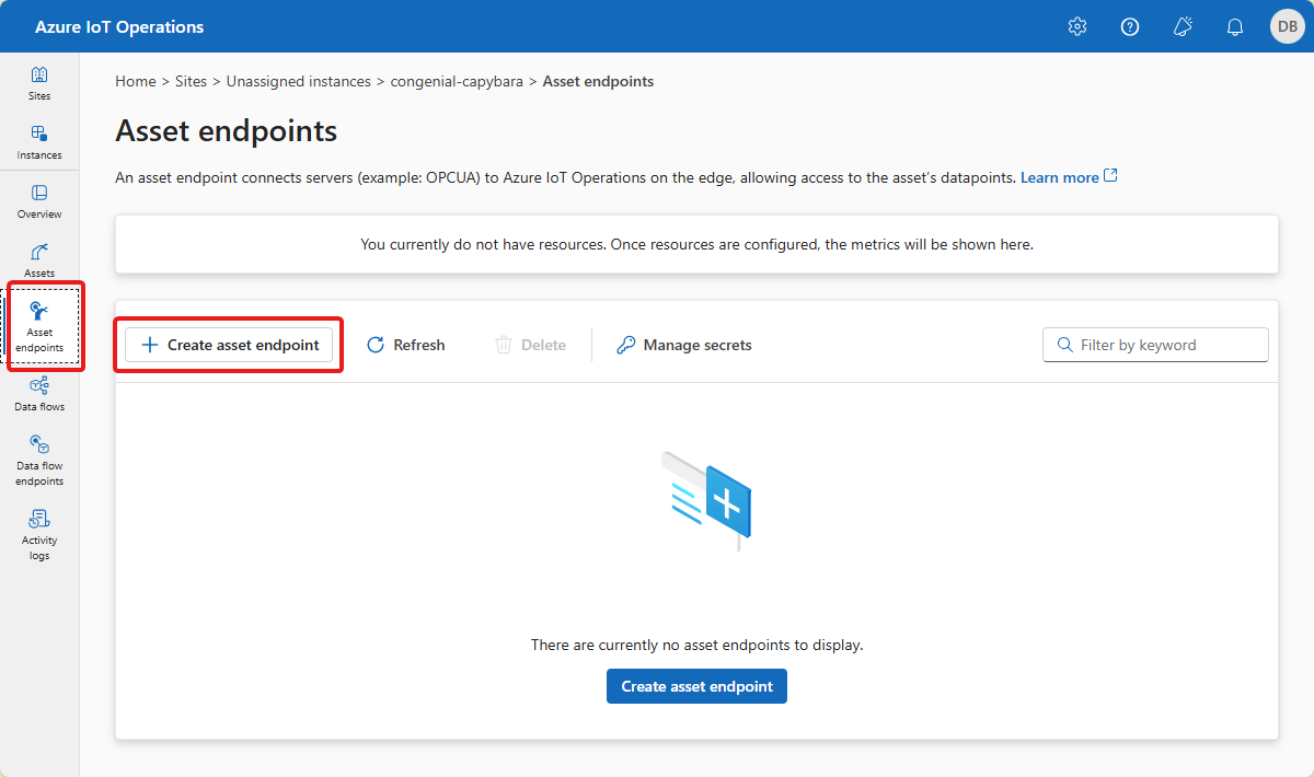 Screenshot that shows the asset endpoints page in the operations experience.