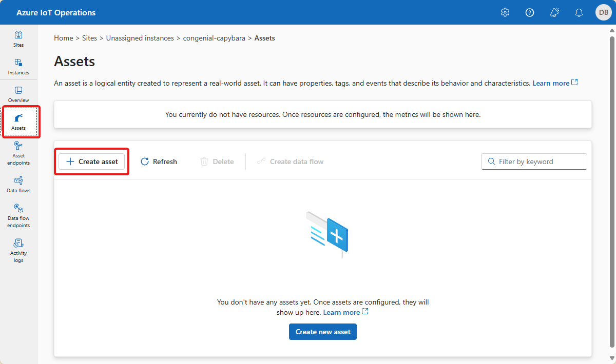 Screenshot of Azure IoT Operations empty asset list.