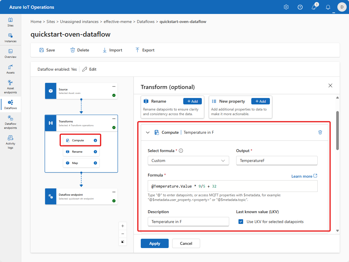 Screenshot in the operations experience that shows the temperature conversion calculation.