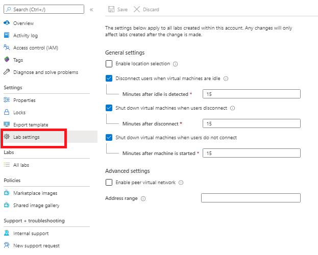 Automatic shutdown setting at lab account